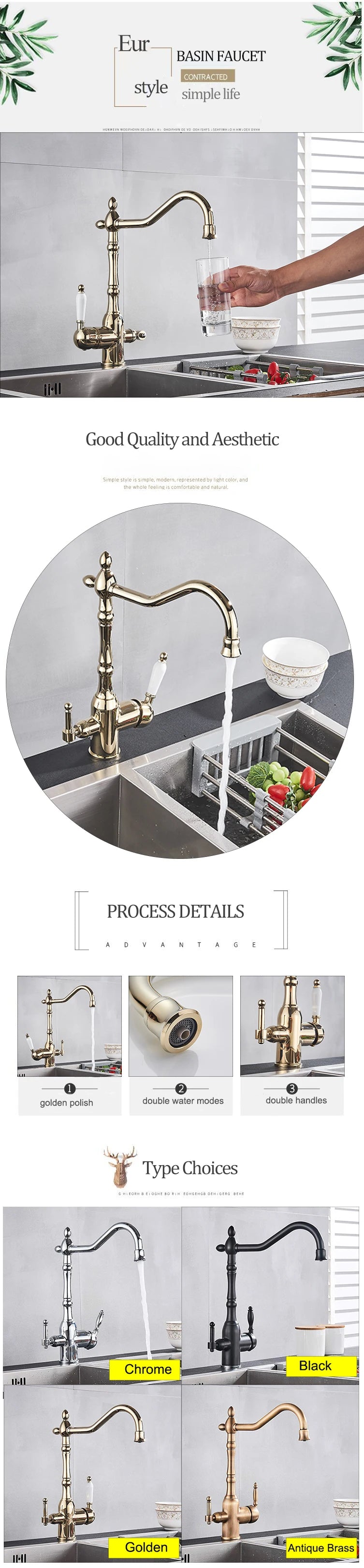 Golden Kitchen Filter Faucet Brass 360 Rotation Purification Kitchen Faucet Double Handle Dual Water Mode Hot Cold Mixer Taps