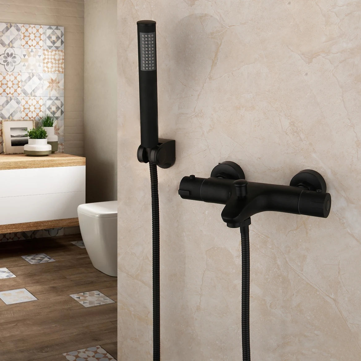 Monite Wall Mounted Thermostatic Mixer Taps Matte Black Shower Faucet Set Exposed Bathtub Basin Sink Faucet Hand Shower Set