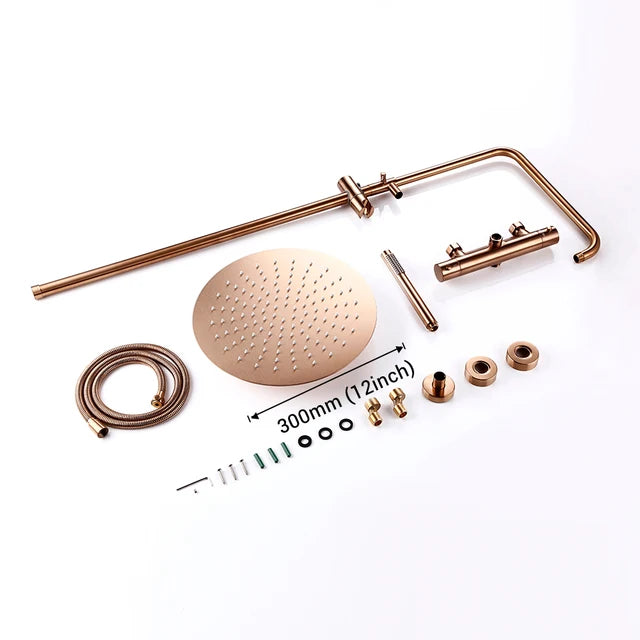 Wall-Mounted Thermostatic Valve System Bagnolux Brushed Gray Brass Rain Faucet  8 - 12" Top Spray Head Bathroom Shower Set