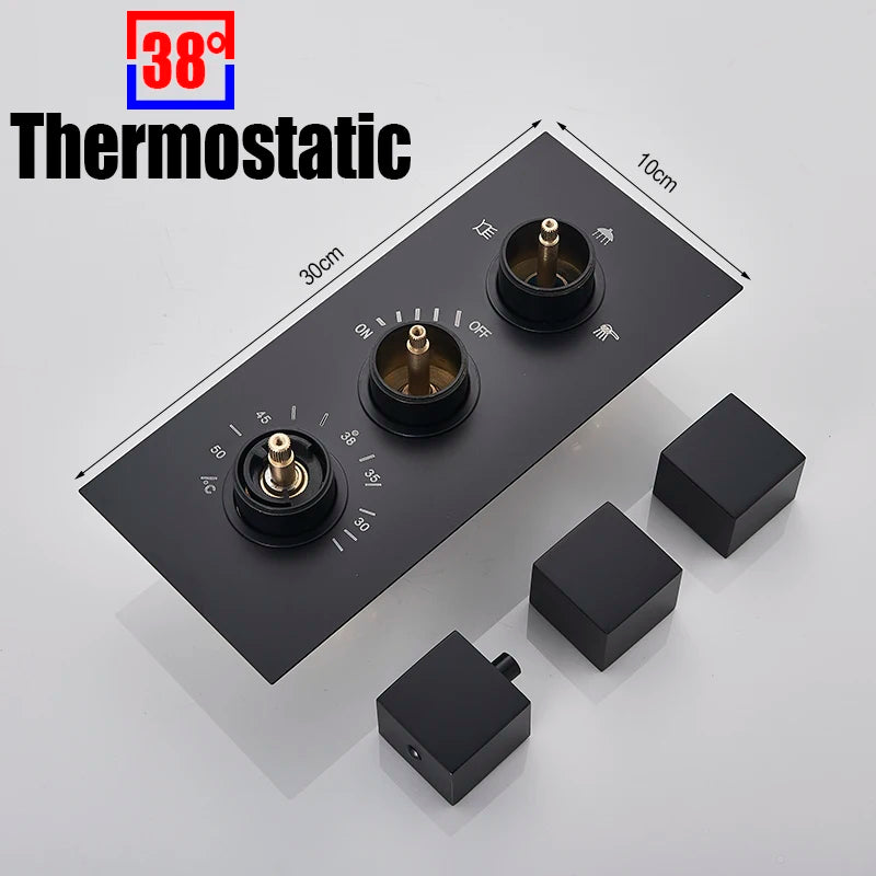Black Thermostatic Shower Faucets Set Rain Waterfall Shower Head With 3/4-way Thermostatic Mixer Tap Bath Shower Faucet