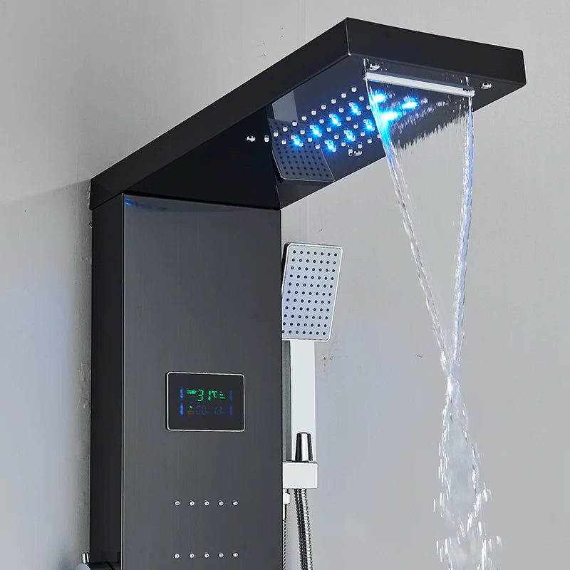 Bathroom LED Rain/Waterfall Head Shower Panel Digital Display Screen Massage Jets Waterfall Bath Tub Spout Shower Column