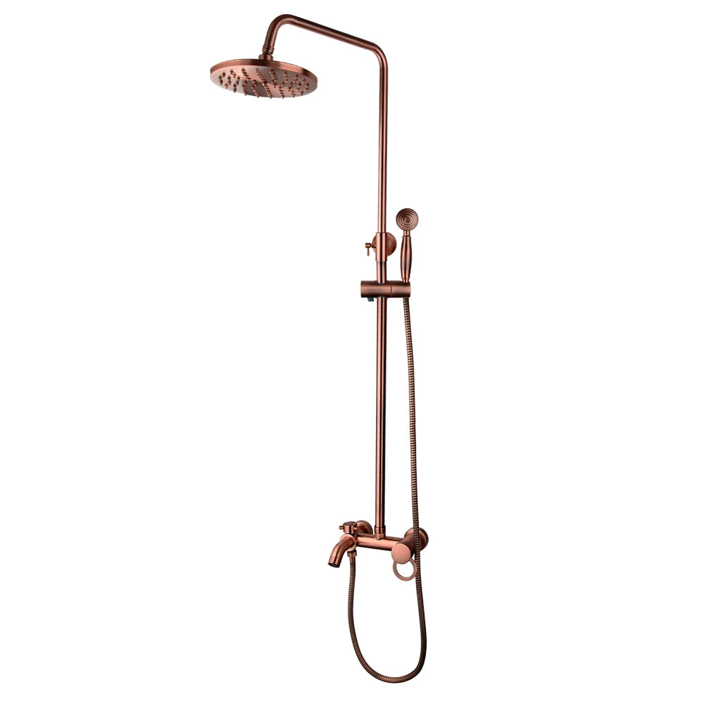 JIENI Antique Copper Bathroom Shower Set Rainfall Shower Head Bath Shower Mixer Set 3 Functions W/Hand Shower Tap Faucet