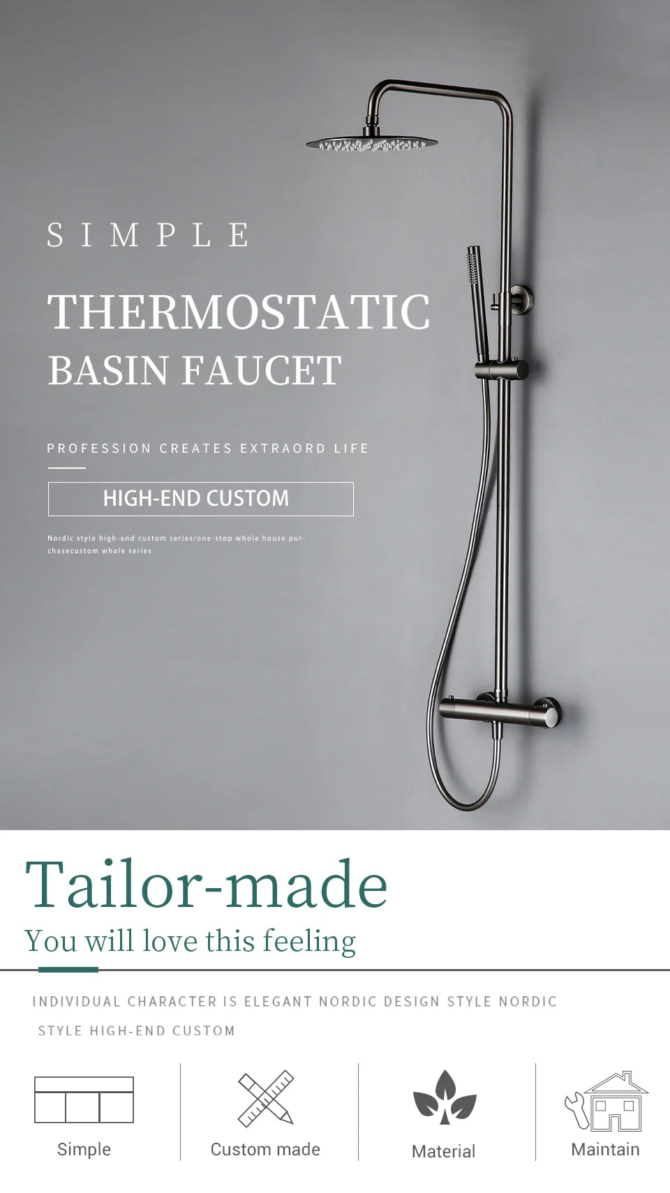 Wall-Mounted Thermostatic Valve System Bagnolux Brushed Gray Brass Rain Faucet  8 - 12" Top Spray Head Bathroom Shower Set