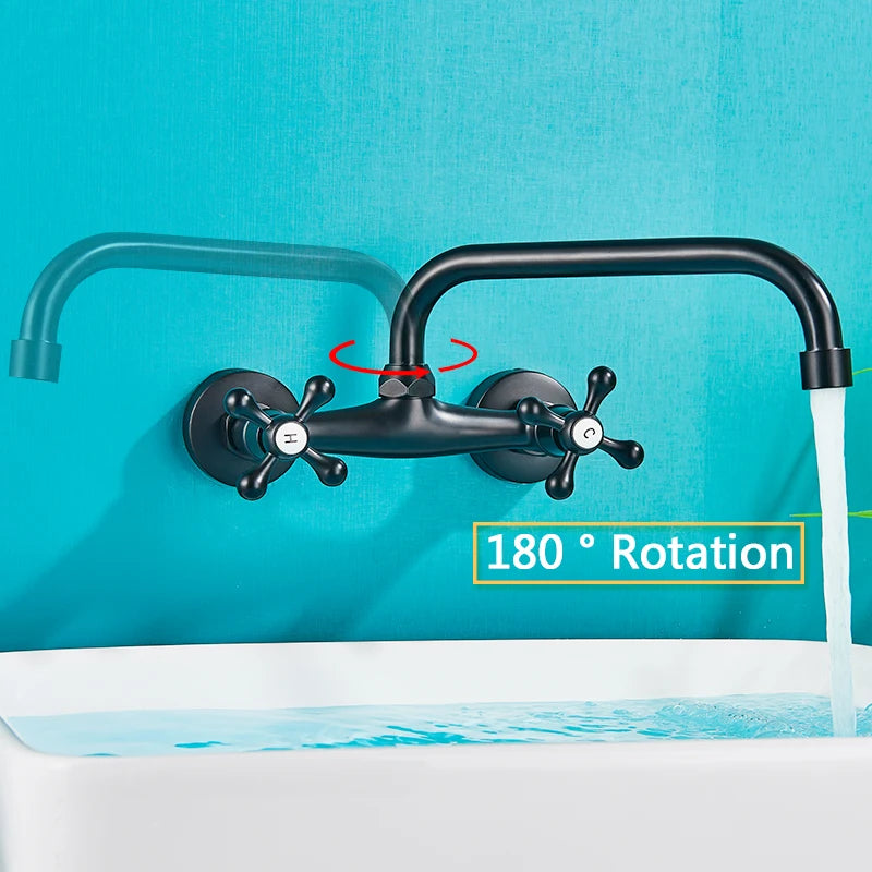 Rozin Black Basin Faucet Wall Mounted Dual Handles Bathroom Faucets Swivel Spout Antique Brass Crane Hot Cold Water Mixer Tap