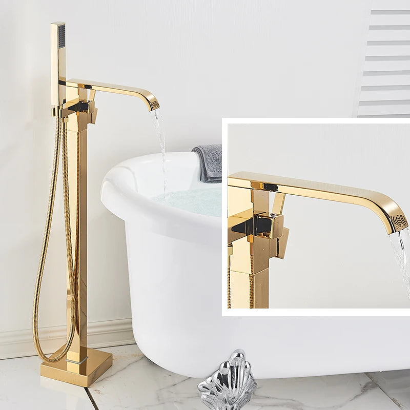 Quyanre Matte Black Square Bathtub Shower Faucets Floor Standing Faucet Hot Cold Water Shower Mixer Tap Bathroom Waterfall Mixer