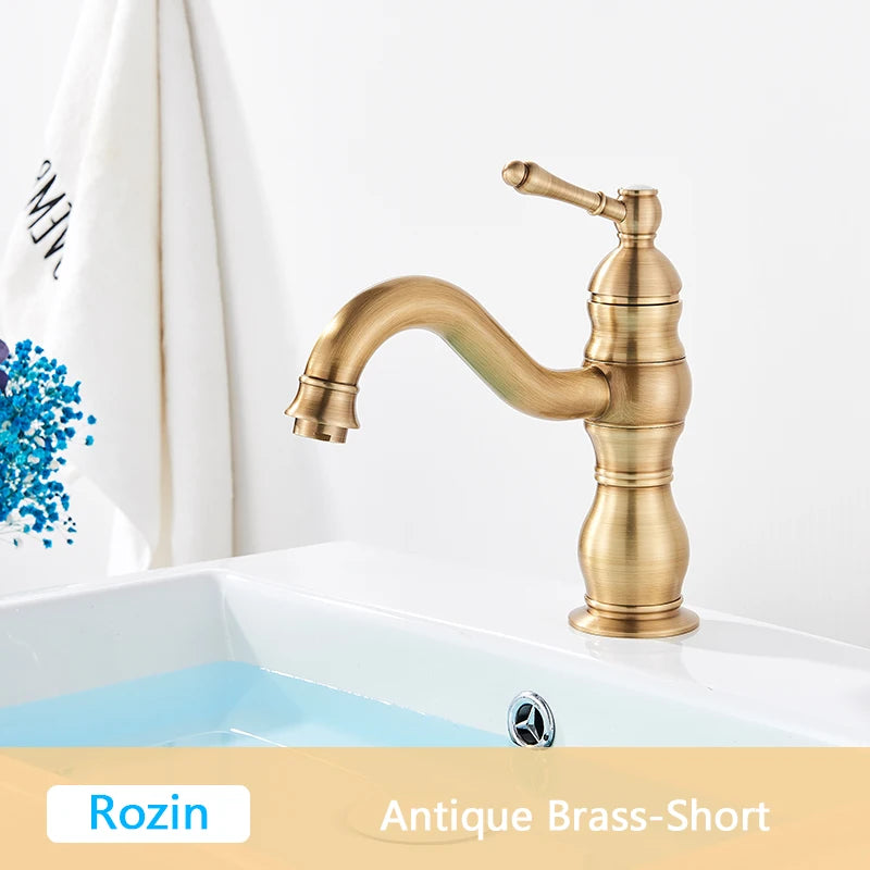 Rozin Antique Brass Basin Faucet 5 Colors Deck Mounted Single Handle Bathroom Crane Long Spout Lavatory Sink Hot Cold Mixer Tap
