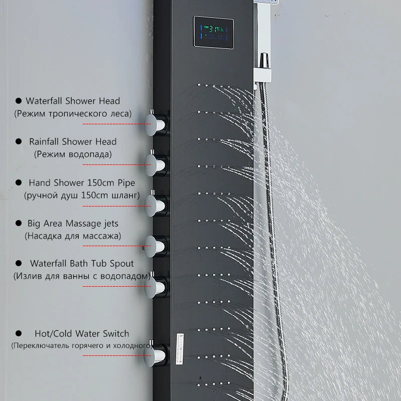 Bathroom LED Rain/Waterfall Head Shower Panel Digital Display Screen Massage Jets Waterfall Bath Tub Spout Shower Column