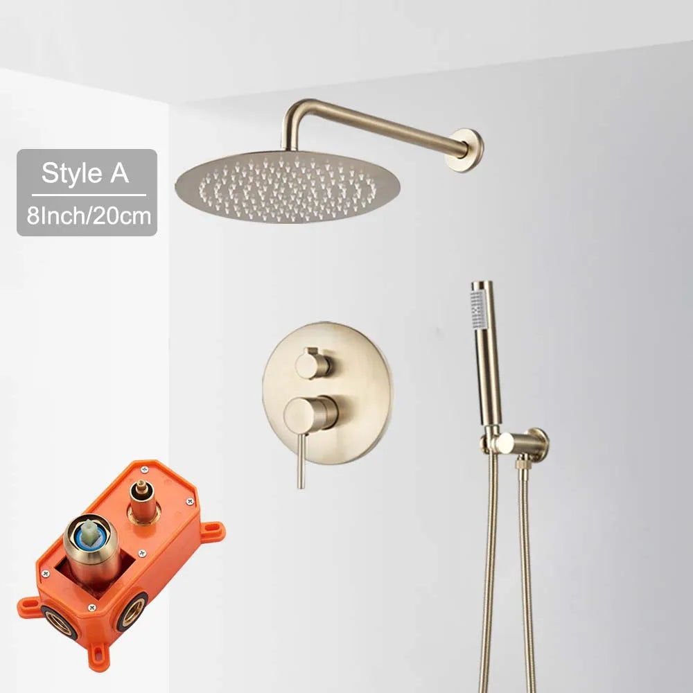 Brushed Gold Shower Faucet Set Round Brass Bathroom Wall Mount Rotate Tub Spout  Rainfall Head 3 Ways Mixer Tap