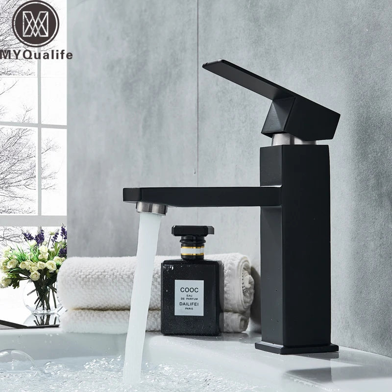 Black Deck Mounted Bathroom Basin Mixer Tap Square Single Handle Basin Vessel Sink Faucet Hot Cold Water Faucet for Basin