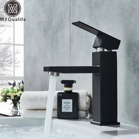 Black Deck Mounted Bathroom Basin Mixer Tap Square Single Handle Basin Vessel Sink Faucet Hot Cold Water Faucet for Basin