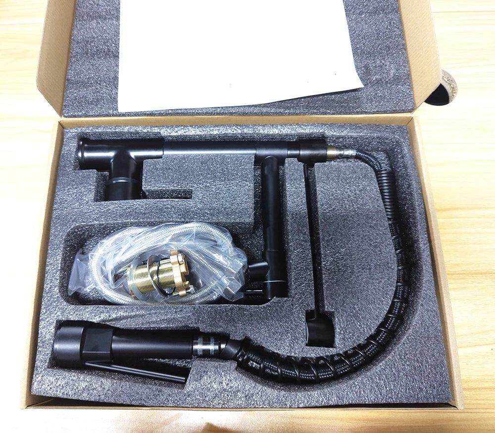 DQOK Black Brushed Spring Pull Down Kitchen Sink Faucet Hot & Cold Water Mixer Crane Tap with Dual Spout Deck Mounted