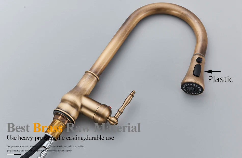 Uythner Antique Brass Kitchen Faucet Pull Out Kitchen Sink Water Taps Single Handle Mixer Tap 360 Rotation Cranes Deck Mounted