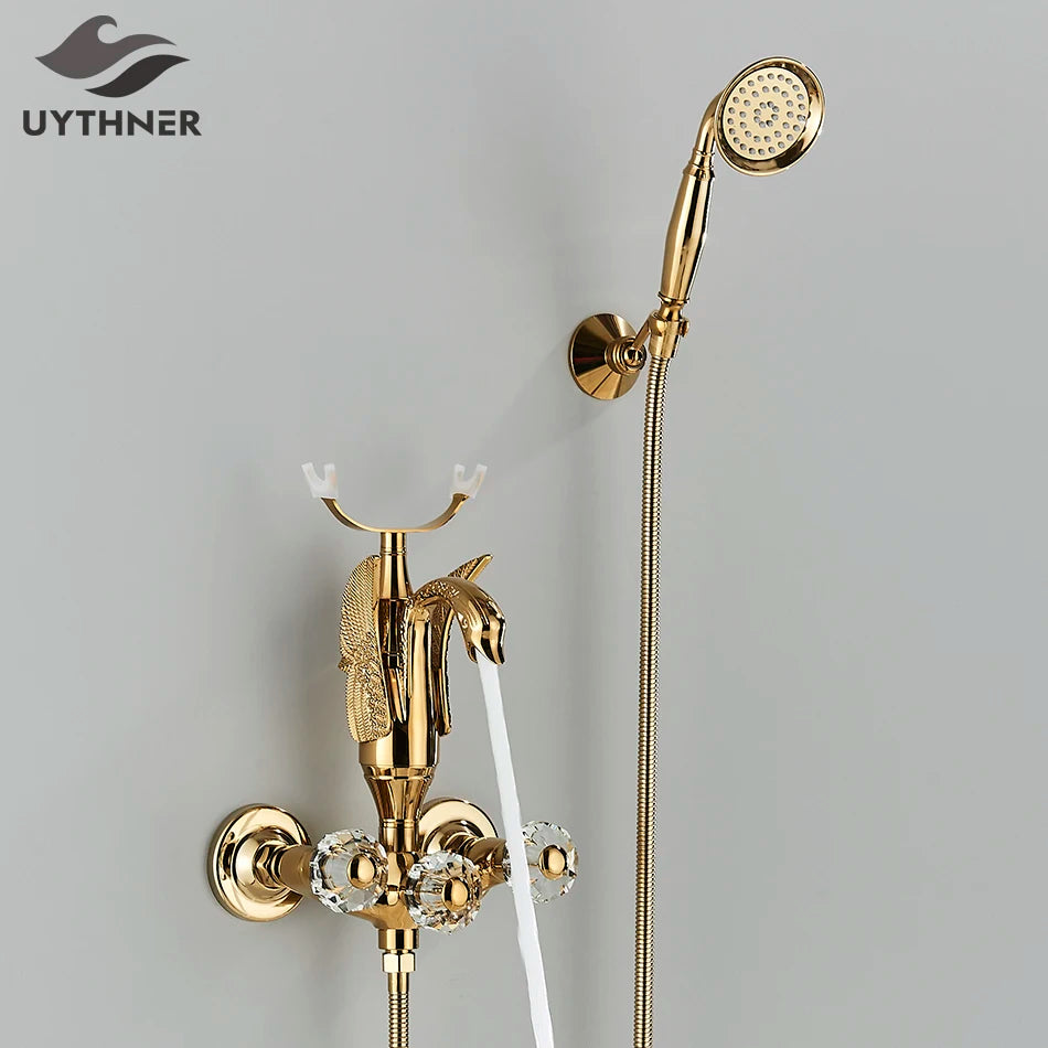 Luxury Golden Bathroom Swan Bathtub Faucet Wall Mounted Cold Hot Water Bath Shower Mixer Tap Brass Handshower Crystal handwheel