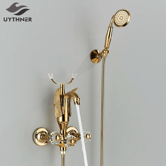 Luxury Golden Bathroom Swan Bathtub Faucet Wall Mounted Cold Hot Water Bath Shower Mixer Tap Brass Handshower Crystal handwheel