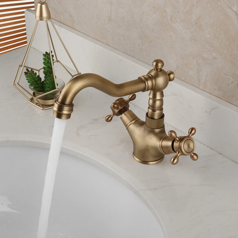 ZAPPO Antique Brass Bathroom Sink Mixer Faucet Dual Handle Hot and Cold Water Mixer Tap with 360 Swivel Spout Taps Deck Mounted