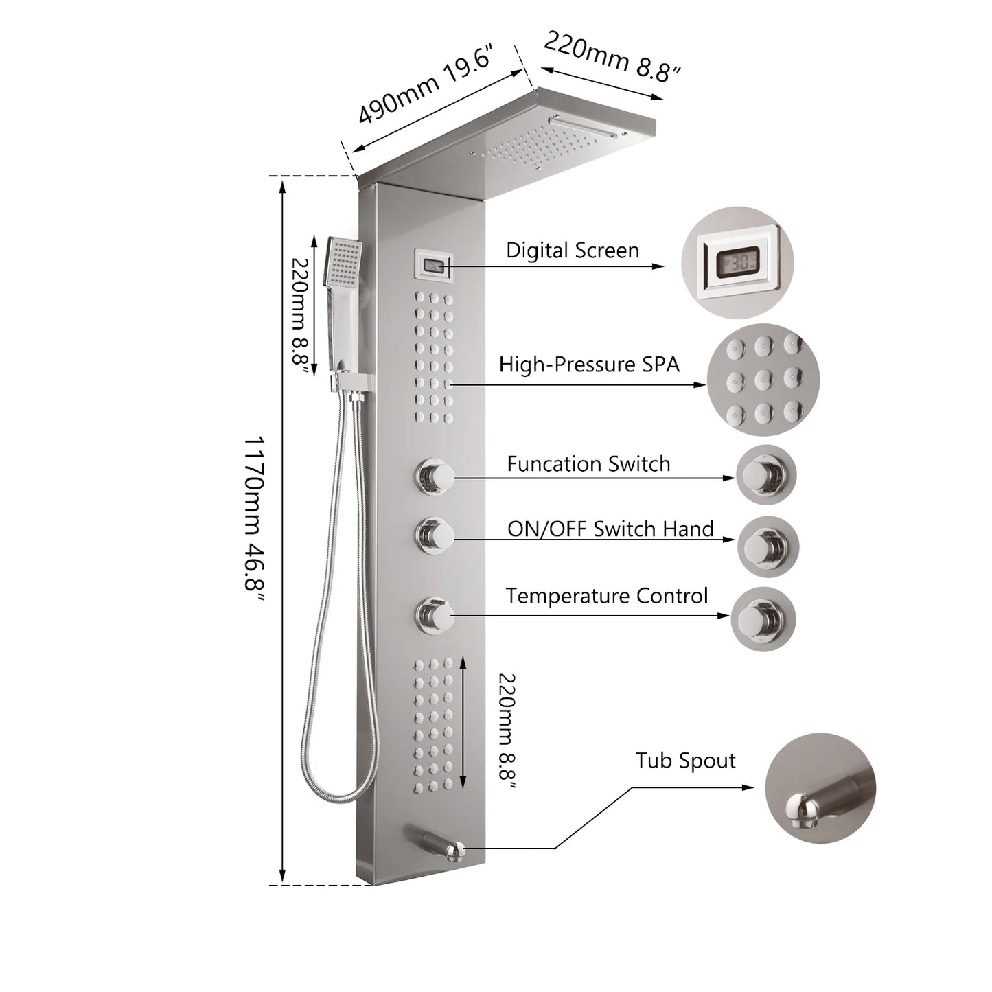 JIENI Brushed Nickel Wall Mounted Bathroom Shower Column 3 HandleS Hand Shower Tub Spout Massage System Bathtub Shower Panel
