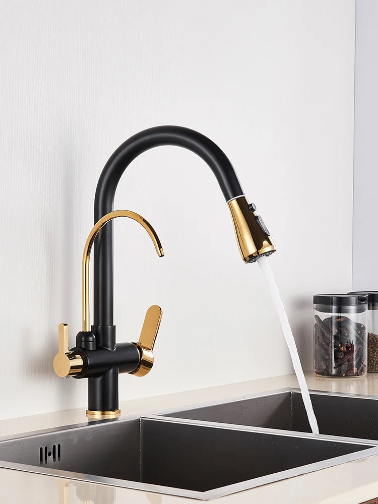 Black Gold Pure Water Faucet Spout Pull Out Dual Water Modes Kitchen Purification Sink Faucet  Kitchen Filtered Crane