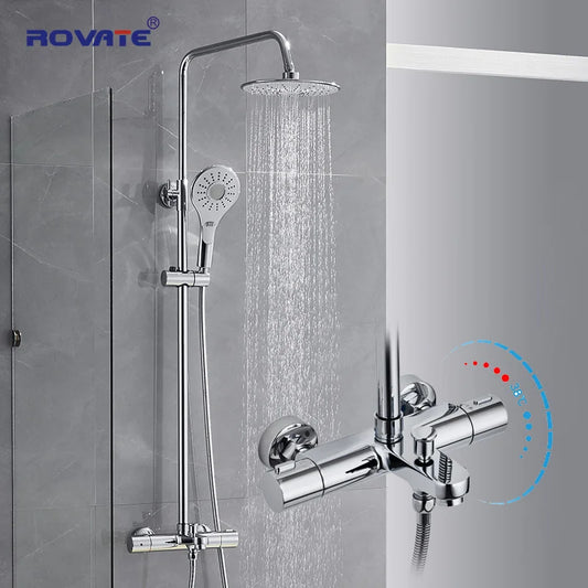 ROVATE Thermostatic Shower Systems with Rain Shower and Adjustable Handheld Shower,Bathroom Shower Set Fixtures
