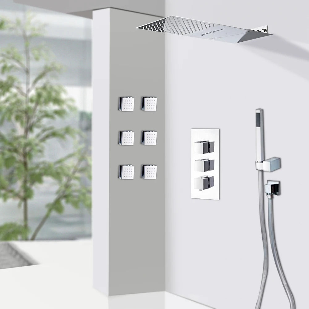 Modern Bathroom Rain Waterfall Shower Set Thermostatic Mixer Bath Shower Mixer Tap Brass Body