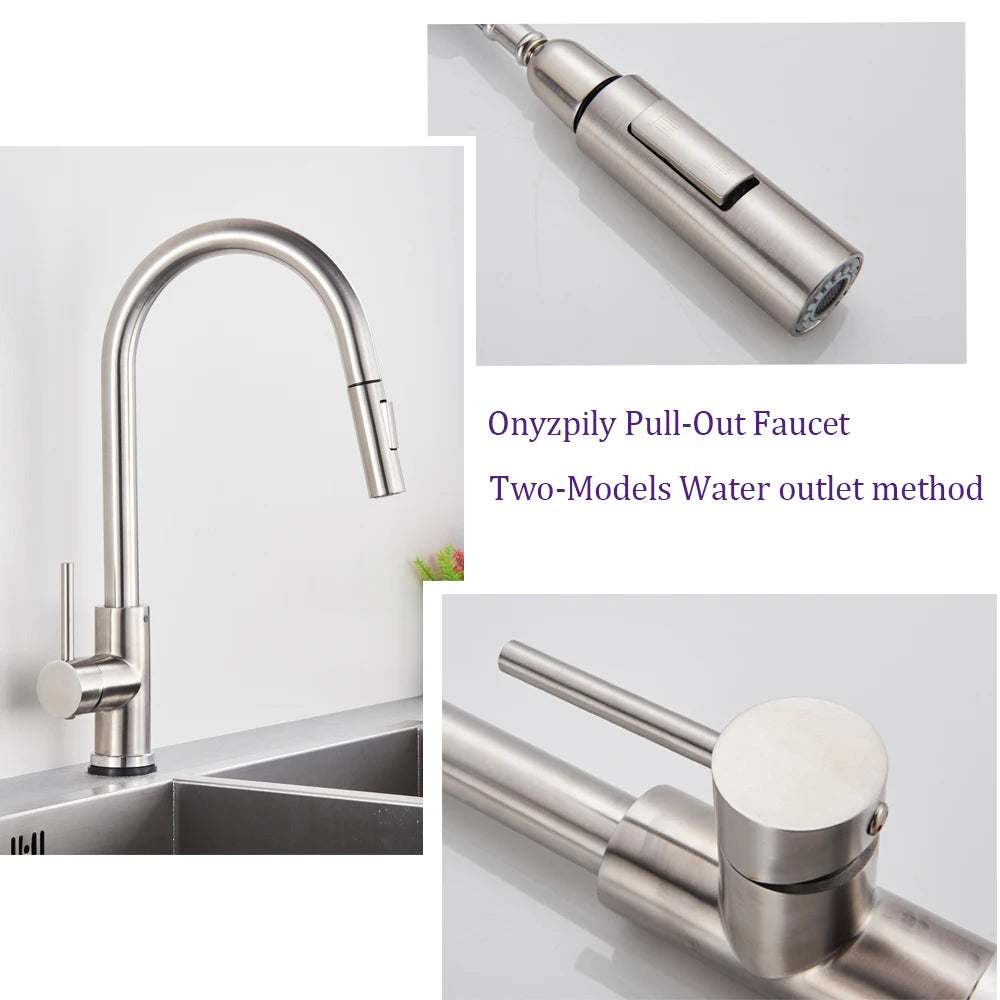 Brushed Smart Touch On Kitchen Faucet Sensor 360 Rotation Pull Out Single Handle Mixer Tap Two Water Modes Sink Crane Hot Cold