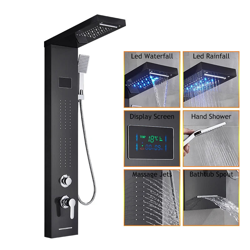 Bathroom LED Rain/Waterfall Head Shower Panel Digital Display Screen Massage Jets Waterfall Bath Tub Spout Shower Column