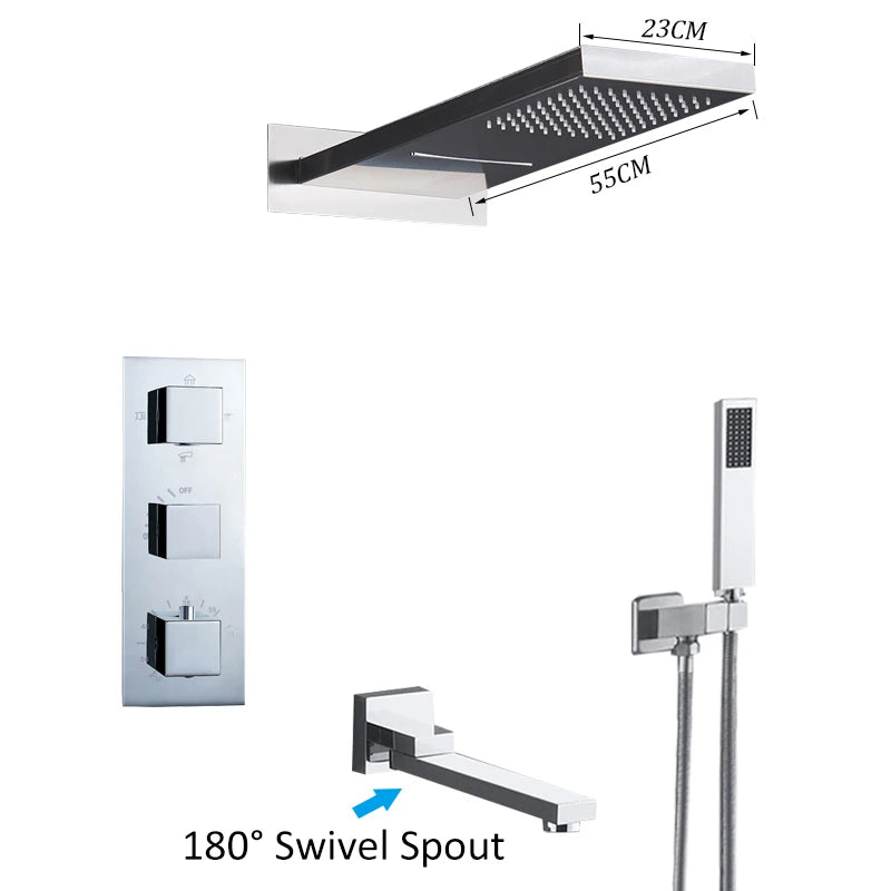 Black Thermostatic Shower Faucets Set Rain Waterfall Shower Head With 3/4-way Thermostatic Mixer Tap Bath Shower Faucet