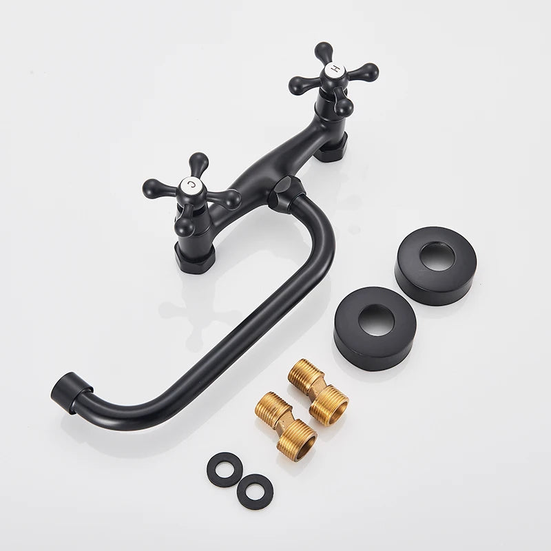 Rozin Black Basin Faucet Wall Mounted Dual Handles Bathroom Faucets Swivel Spout Antique Brass Crane Hot Cold Water Mixer Tap