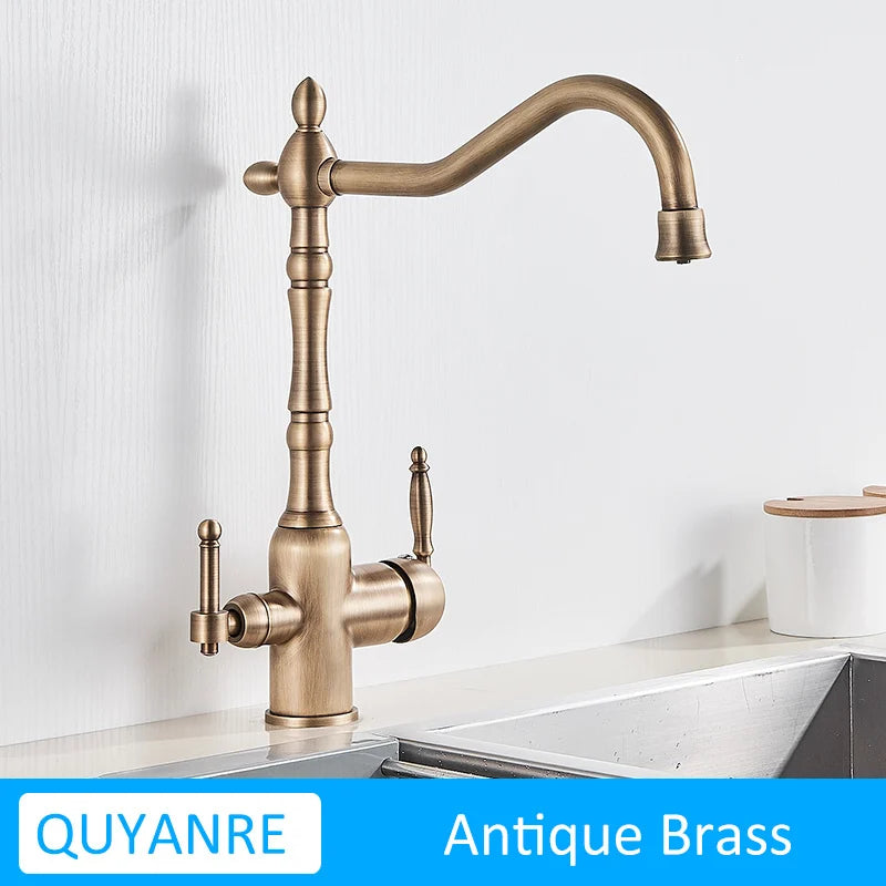 Antique Brass Filtered Kitchen Faucet Purify Faucets Mixer Tap Hot Cold Water 360 Rotation Water Purification Water Crane Tap