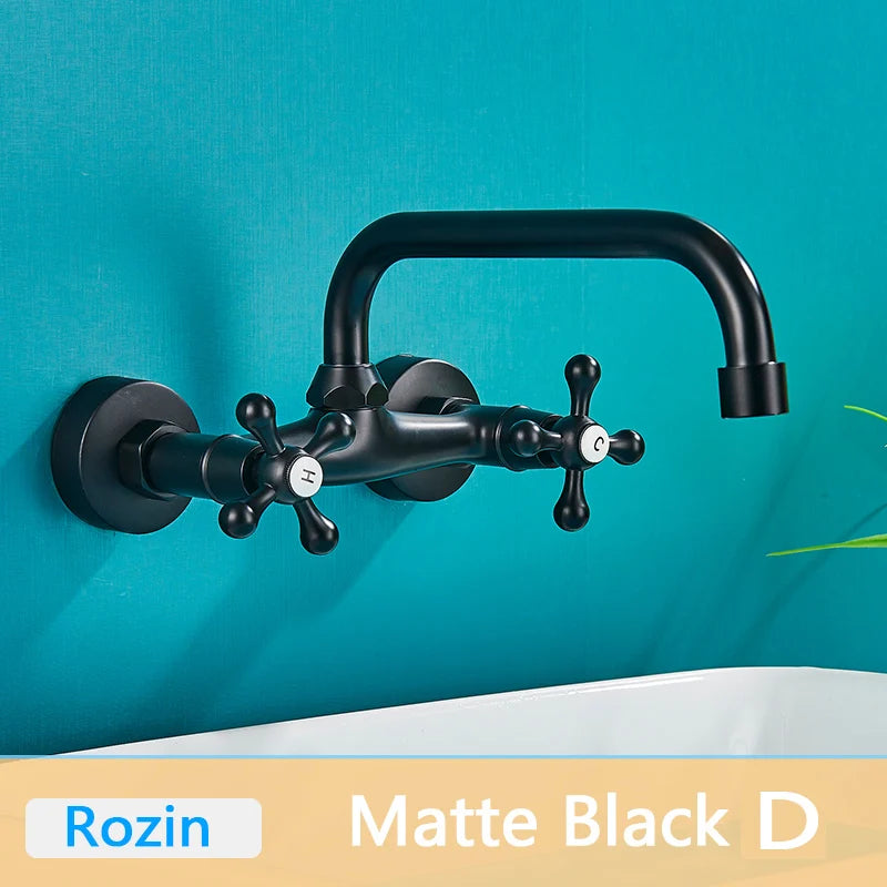 Rozin Black Basin Faucet Wall Mounted Dual Handles Bathroom Faucets Swivel Spout Antique Brass Crane Hot Cold Water Mixer Tap
