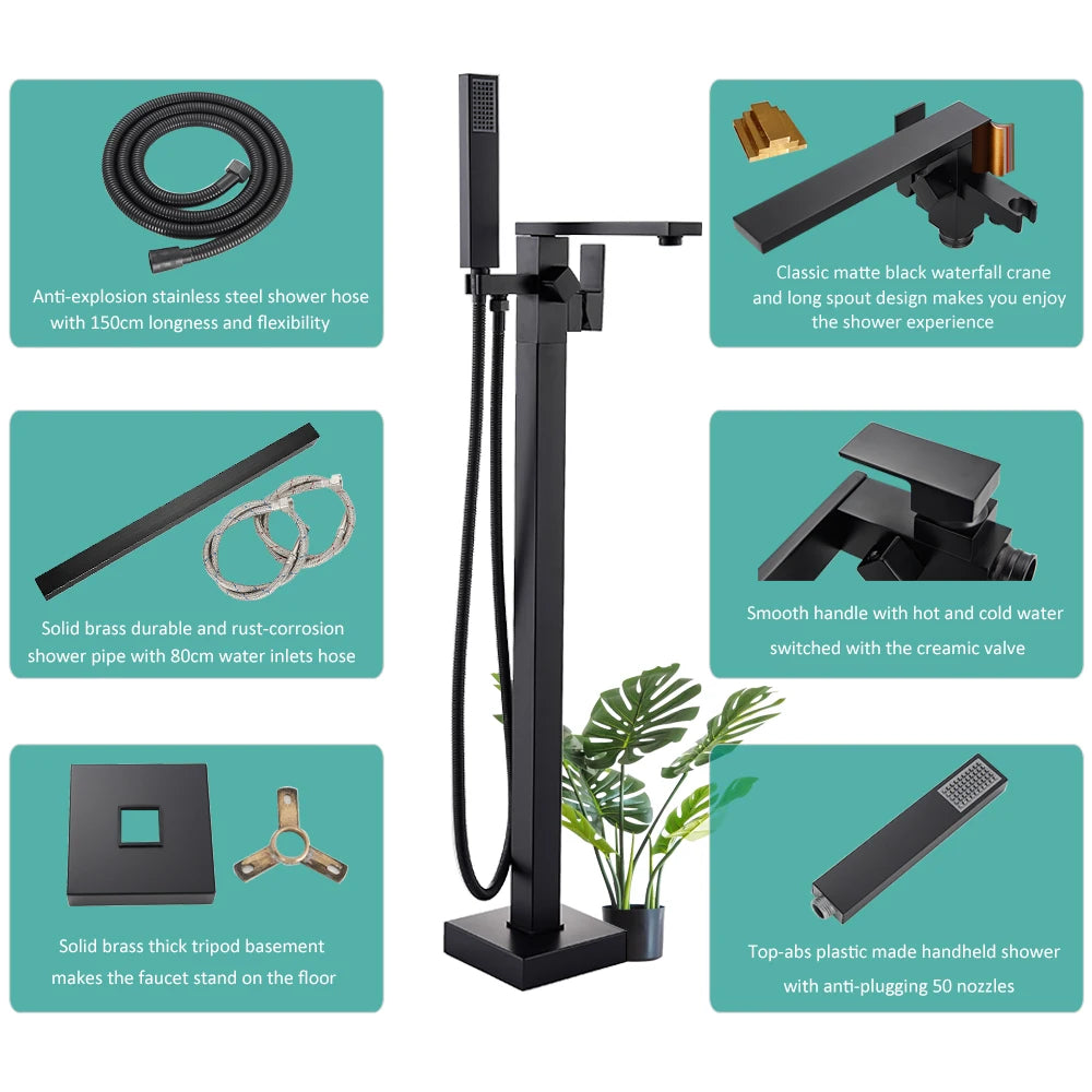 Quyanre Matte Black Square Bathtub Shower Faucets Floor Standing Faucet Hot Cold Water Shower Mixer Tap Bathroom Waterfall Mixer