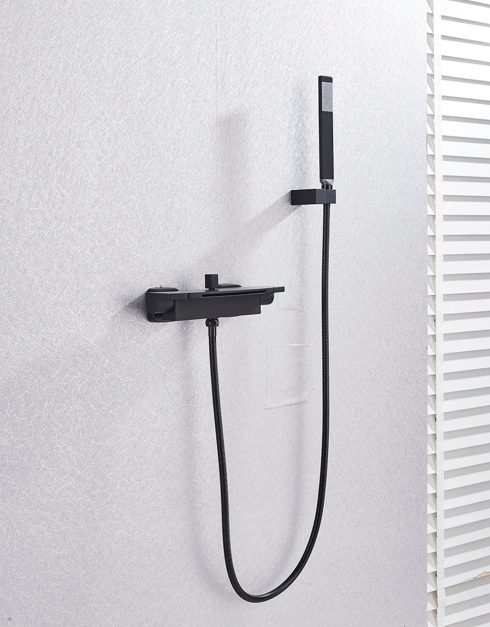 Bathroom Tub Faucet Single Handle Waterfall Spout Mixer Tap with Hand Shower Wall Mounted Bath Faucet Bathtub Faucet Water Mixer
