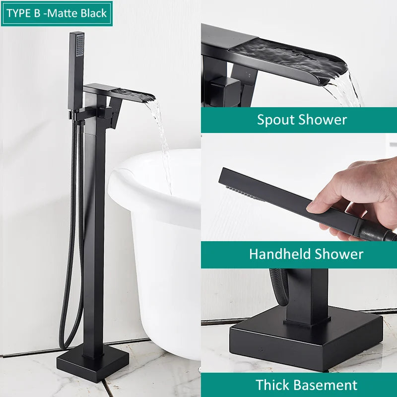 Quyanre Matte Black Square Bathtub Shower Faucets Floor Standing Faucet Hot Cold Water Shower Mixer Tap Bathroom Waterfall Mixer
