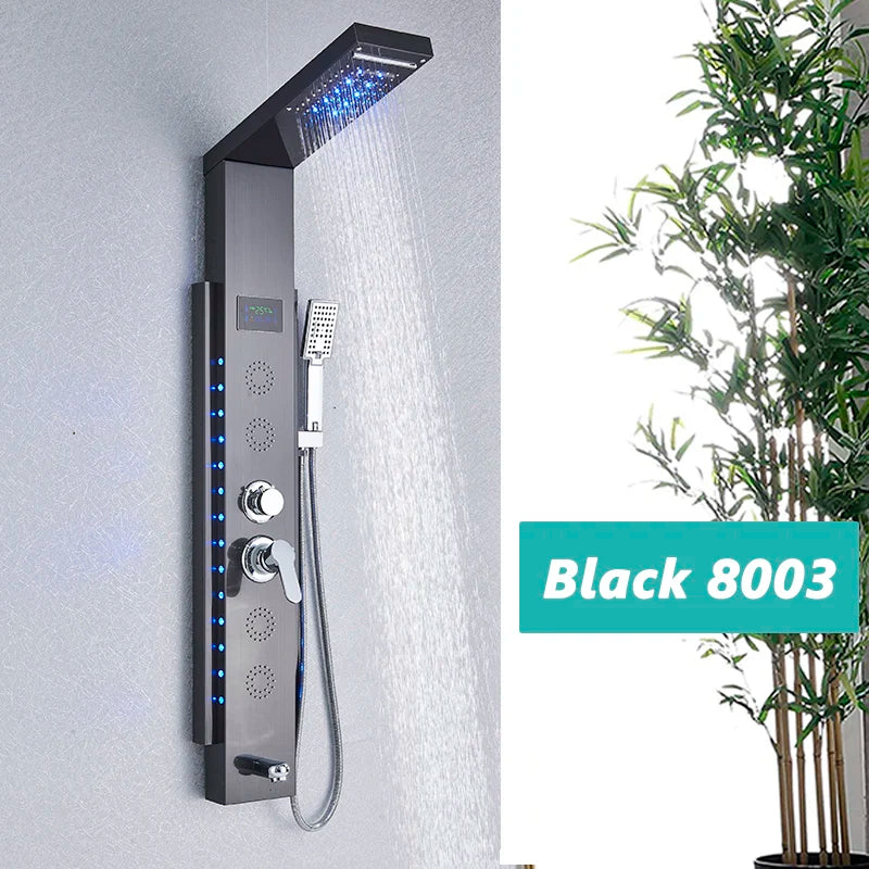 SHBSHAIMY Black/Brushed LED Shower Panel Column 5Ways Rainfall Waterfall With Digital Display Bath Showerhand Full of Technology