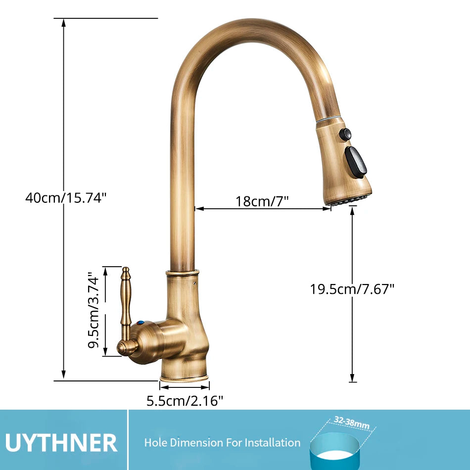 Uythner Antique Brass Kitchen Faucet Pull Out Kitchen Sink Water Taps Single Handle Mixer Tap 360 Rotation Cranes Deck Mounted