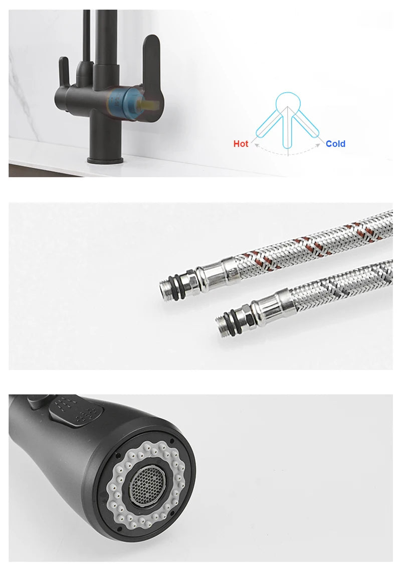 Black Gold Pure Water Faucet Spout Pull Out Dual Water Modes Kitchen Purification Sink Faucet  Kitchen Filtered Crane