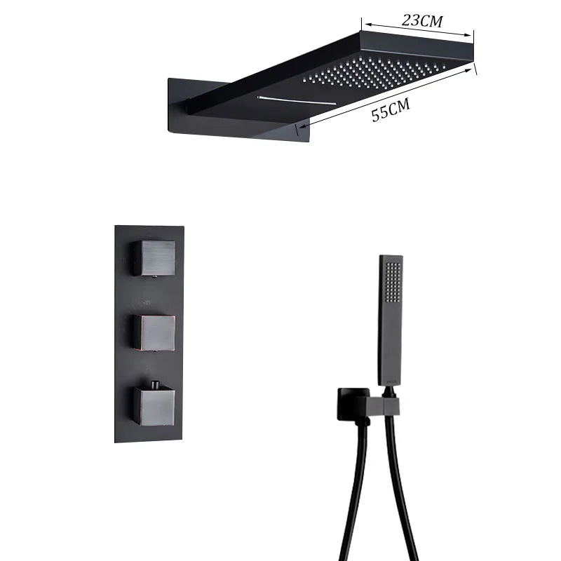 Black Thermostatic Shower Faucets Set Rain Waterfall Shower Head With 3/4-way Thermostatic Mixer Tap Bath Shower Faucet