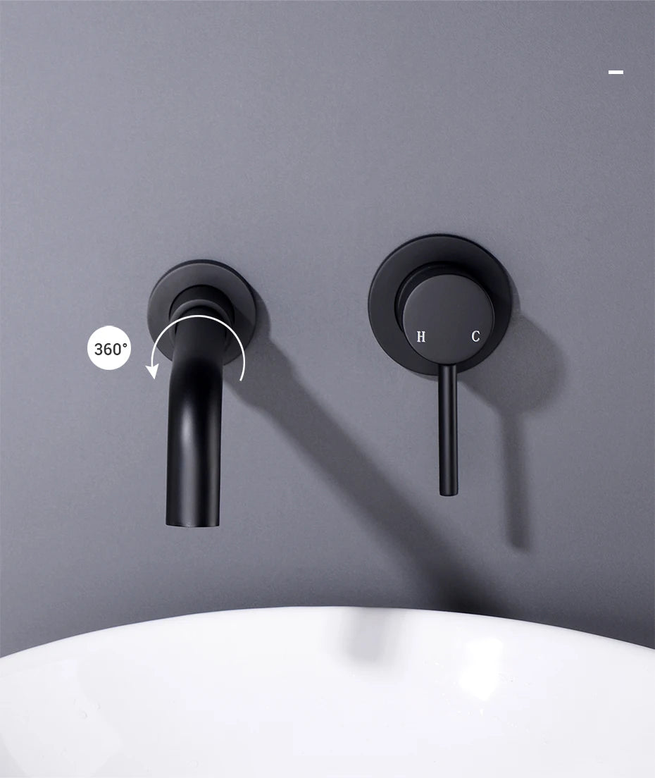 Black Bathroom Sink Faucet  Brass Tap Hot Cold Wash Basin Water Swivel Spout Wall Mounted Bath Mixer Brushed Gold Gunmetal