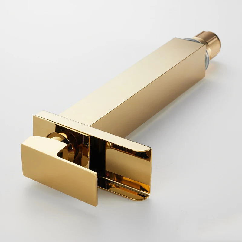 Basin Faucet Gold Waterfall Faucet Bathroom Faucet Deck Mounted Bathroom Toilet Basin Faucet Mixer Tap Hot and Cold Sink Faucet