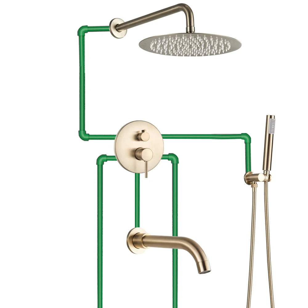 POIQIHY Brushed Gold Shower Faucet Embedded In Shower Mixer Tap Wall Mounted Bathroom Rainfall Shower Tap Set Brass 3-ways