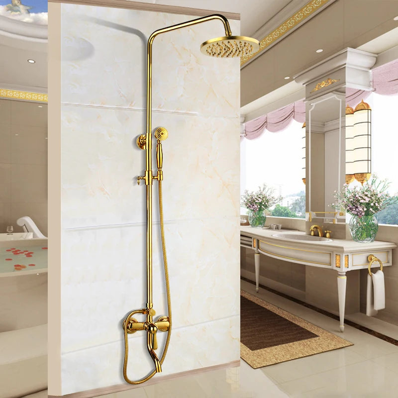 YANKSMART Gold Polished Bathroom Shower System Faucet Set Wall Mounted 3 Functions Rainfall Round Showers Head Mixer Water Tap