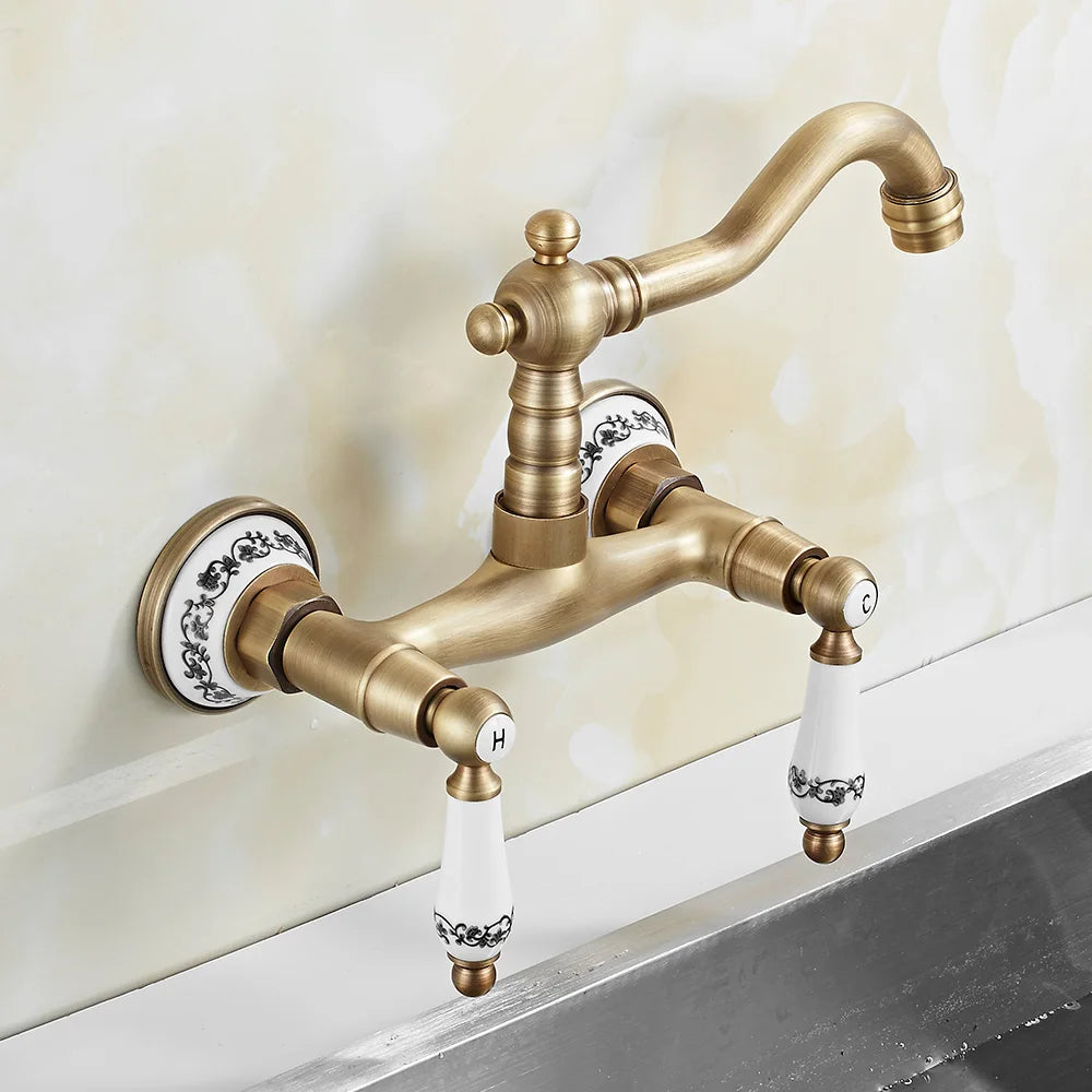 Wall Mount Antique Faucet Antique Brass Kitchen Faucet Dual Cold Hot Water Mixer Tap 360 Degree Rotation Kitchen Sink Faucet
