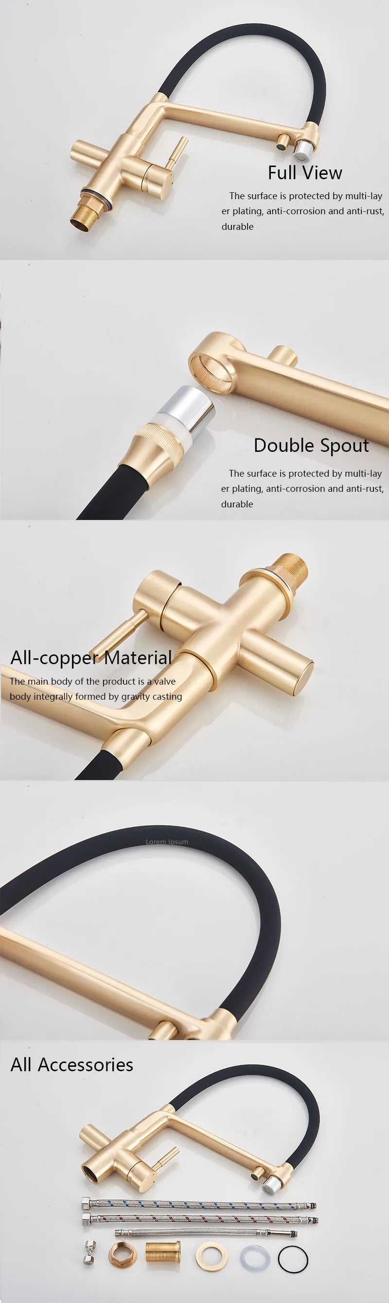 Brushed Golden Kitchen Sink Faucet Pure Water Filter Mixer Crane Dual Handle Pull Down Purification Kitchen Hot Cold Water Tap
