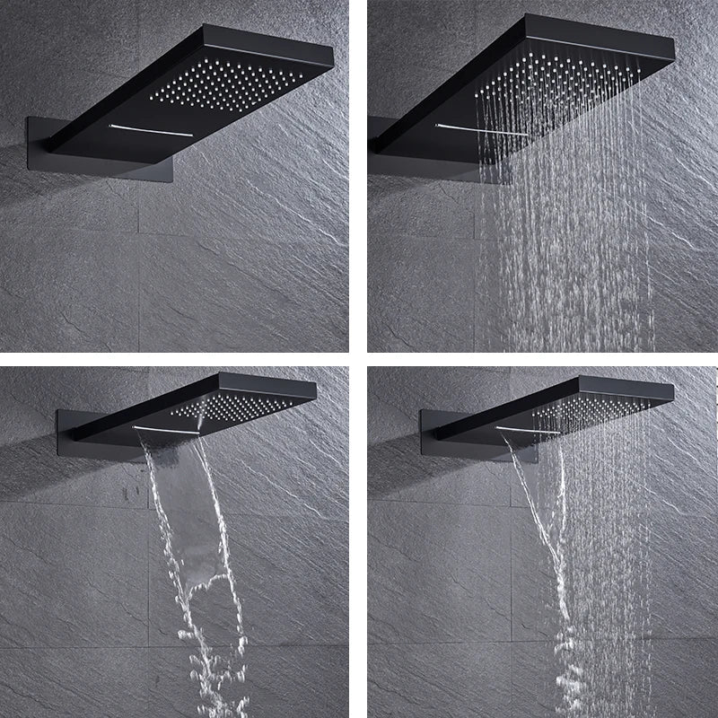 Black Thermostatic Shower Faucets Set Rain Waterfall Shower Head With 3/4-way Thermostatic Mixer Tap Bath Shower Faucet