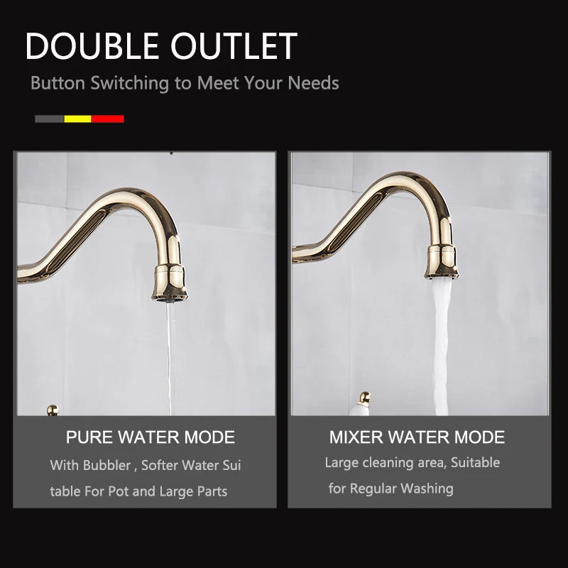 Golden Kitchen Filter Faucet Brass 360 Rotation Purification Kitchen Faucet Double Handle Dual Water Mode Hot Cold Mixer Taps
