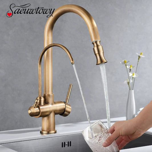 Filtered Pure Water Kitchen Faucet Deck Mount Antique Brass Faucet