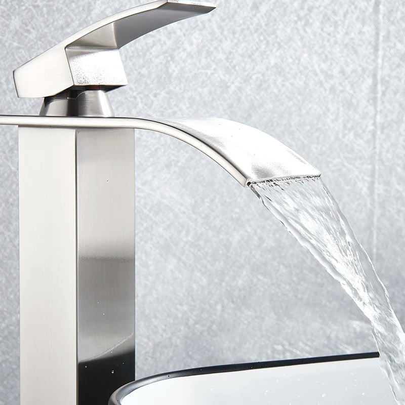 Matte Black Basin Faucet Waterfall Washbasin Vanity Above Counter Sink Faucet Hot & Cold Mixer Tap Deck Mounted Bathroom Crane