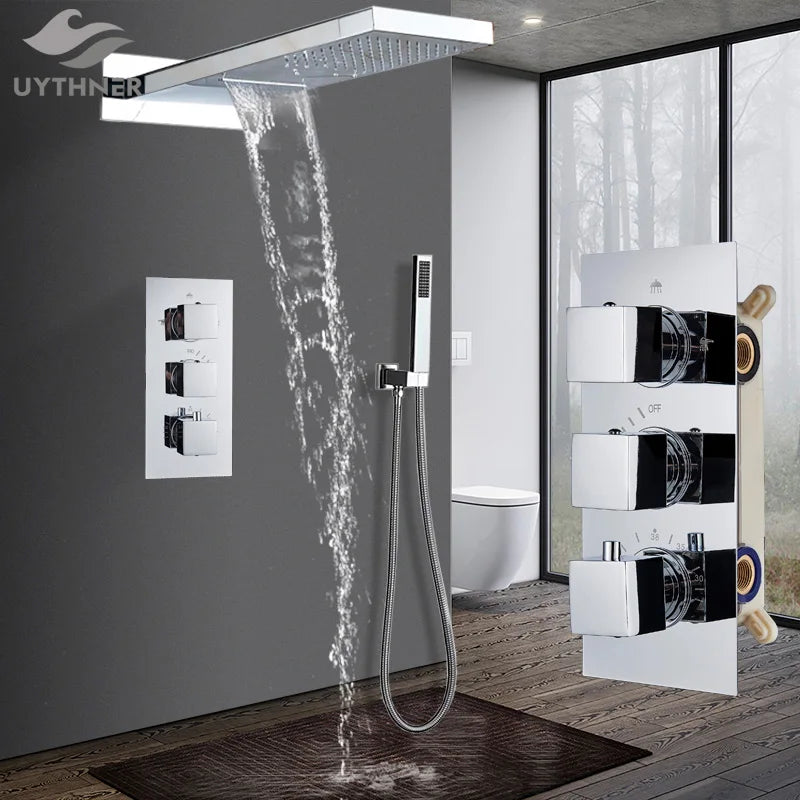 Luxury Waterfall Rainfall Shower Faucet Thermostat Valve Mixers Wall Mounted Thermostatic Shower Set With Handshower