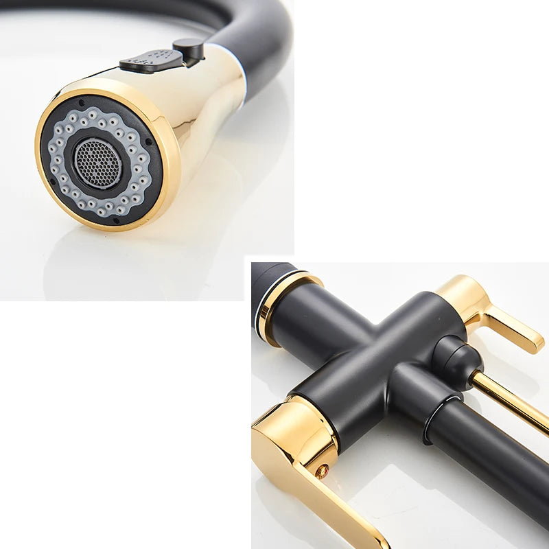 Black Gold Pure Water Faucet Spout Pull Out Dual Water Modes Kitchen Purification Sink Faucet  Kitchen Filtered Crane