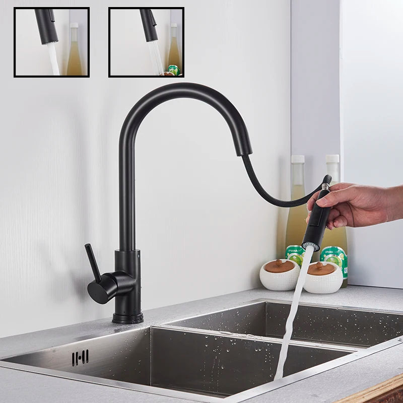 Brushed Smart Touch On Kitchen Faucet Sensor 360 Rotation Pull Out Single Handle Mixer Tap Two Water Modes Sink Crane Hot Cold