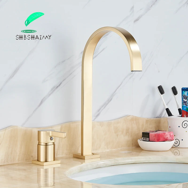 SHBSHAIMY Brushed Golden Basin Faucet Single Handle Widespread Sink Faucet Bathroom Mixer Tap Wide Spout Vessel Hot Cold Water